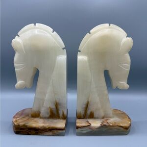 Pair Of Stunning Mid Century Carved Onyx & Marble Trojan Horse Bookends Stone